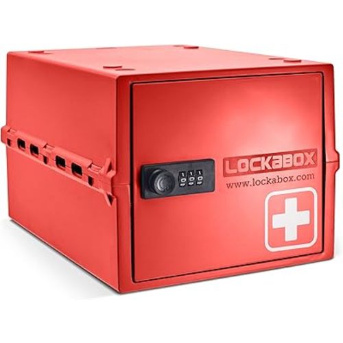 Lockabox One™ | Premium Medicine Lock Box | Medium Medication Lock Box With Code For Medicines, Vitamins & Supplements | External Size 12 x 8 x 6.6 inches (Medi Red)