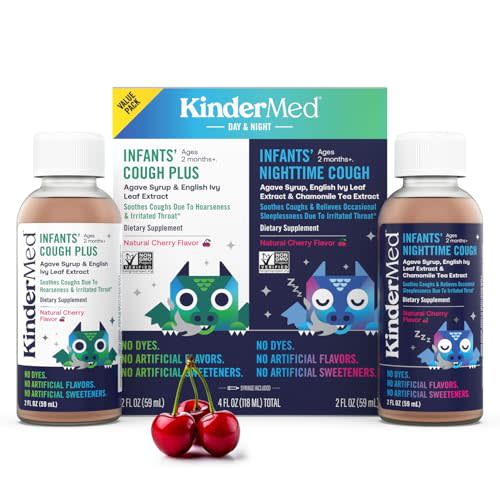 KinderMed Infants' Cough Day & Night Value Pack - Organic Agave Syrup and English Ivy Leaf Extract - No Dyes, No Artificial Flavors or Sweeteners - for Ages 2 Months+ - Natural Cherry Flavor, 2 Fl Oz