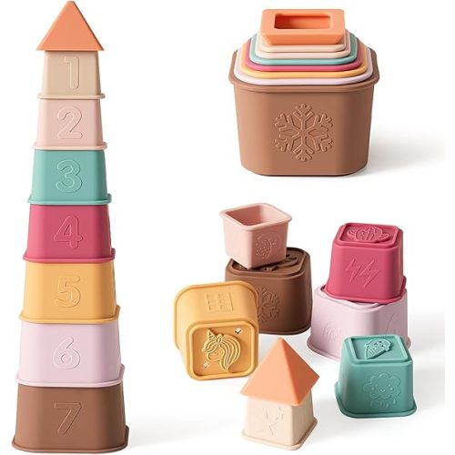 Baby Stacking Cups Toy, Silicone Stacking Tower Educational Baby Toys 6M+, Soft Teething Building Blocks 8 Pcs, BPA Free Sensory Infant Toy, Bath & Beach Toys, Vintage Neutral Colors-Vintage