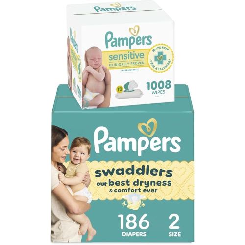 Pampers Swaddlers Disposable Baby Diapers Size 2, 186 Count with Sensitive Water Based Baby Wipes 12 Flip-Top Packs (1008 Wipes Total)