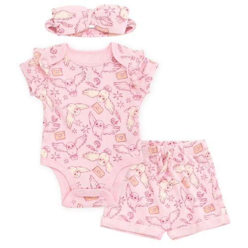 Harry Potter Hedwig Newborn Baby Girls Ribbed Bodysuit, Shorts and Headband 3 Piece Outfit Set Blush Pink Hedwig 0-3 Months
