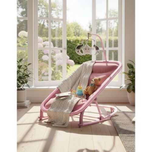 Baby Rocking Bassinet – Infant Swing with Safety Harness & Hanging Toys, Black Soft Padded Newborn Lounger for Babies & Toddlers, Pink