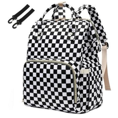 Itopfox Checkered Waterproof Diaper Backpack for Baby Girls and Moms, Large Nappy Bag with Insulated Bottle Pockets