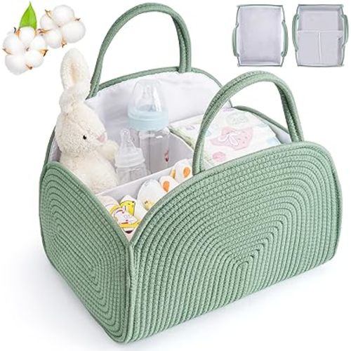 Diaper Caddy Organizer for Baby, Cotton Rope Baby Gift Basket, Portable Diaper Organizer for Changing Table, Diapers Nursery Storage Organizer for Travel, Camping, Green Baby Shower Gifts for Newborn
