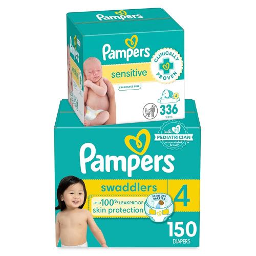 Pampers Swaddlers Disposable Baby Diapers Size 4, 150 Count with Sensitive Water Based Baby Wipes 4X Pop-Top Packs (336 Count)