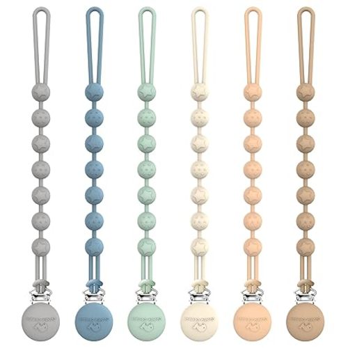 Cuddle Campus Silicone Pacifier Clip Holder with One Piece Design,Soft Flexible Binky Clips with Texture for Baby Boy and Girl Pack of 6 (0-6m)
