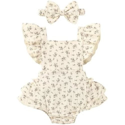 Happy Town Baby Girl Clothes Toddler Summer Linen Romper Sleeveless Ruffle Outfits Infant Girls Jumpsuit with Headband