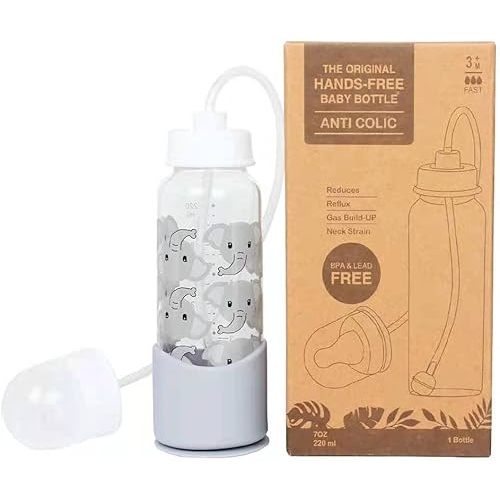 Hands-Free Baby Bottle - Anti-Colic Nursing System 7 oz Baby Bottle with Fast Flow Nipple/Teat 3m+ with Tube Straw Feeding System for Toddler 1 Year+ (1 Bottle - Elephant)