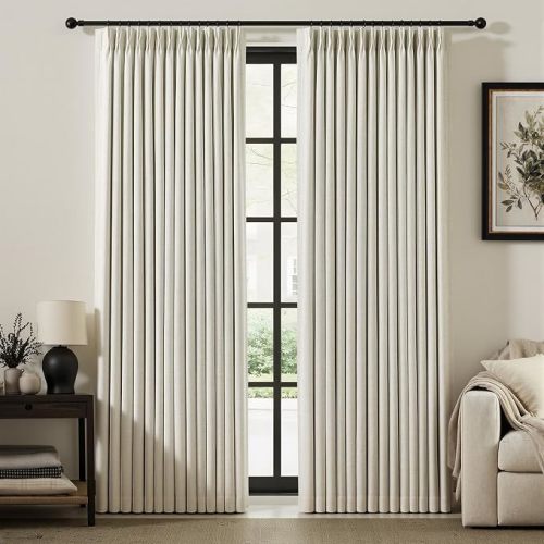 IVAPUPU Natural Pinch Pleated 100% Blackout Linen Curtains 90 Inch Length | 100% Black Out Curtains, Room Darkening Thermal Insulated,Pinch Pleat with Back Tab, for Living Dining Room Bedroom Office