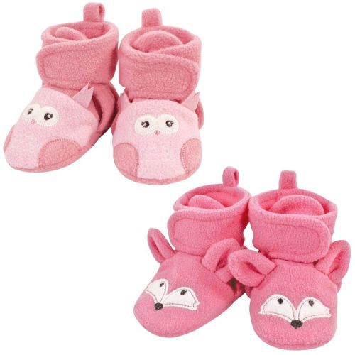 Hudson Baby Infant Baby Girls Animal Fleece Booties 2-Pack, Pink Owl Fox, 0-6 Months
