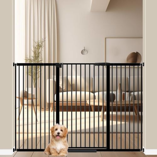 WAOWAO 40.55" Extra Tall 1.37" Ultra Narrow Spacing 53.74-61.61" Extra Wide Dogs Pets Baby Gate Safety Indoor Puppy Pressure Mounted Gate No Drill Black Metal for Stairs,Doorways,Kitchen,Hallway