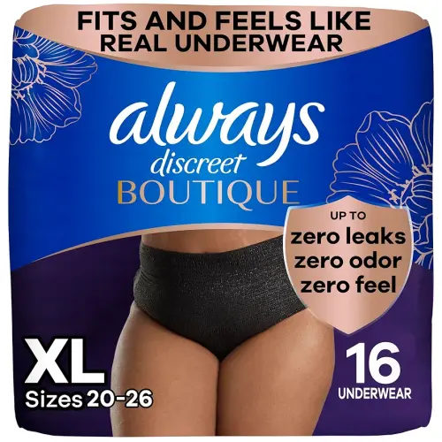 Always Discreet Boutique Incontinence and Postpartum Underwear for Women, Maximum Protection, Extra Large, Black, 16 Count