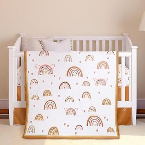 Ganeen 3 Pieces Boho Rainbow Crib Bedding Set for Girls or Boys, Standard Size Boho Neutral Baby Bedding Sets with Baby Comforter, Crib Sheet and Skirt, Soft and Safe