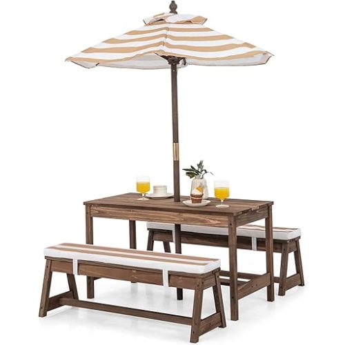 HONEY JOY Kids Picnic Table, Outdoor Wooden Table & Bench Set w/Removable Cushions and Umbrella, Stripe Fabric, Children Backyard Furniture for Patio Garden, Gift for Toddler Boys Girls Age 3+(Coffee)