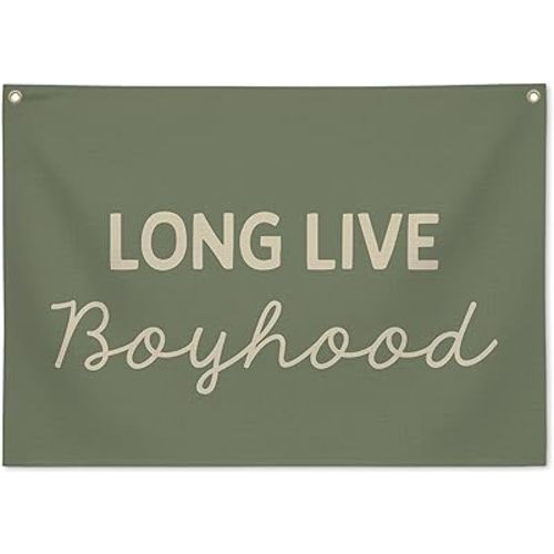 Long Live Boyhood Linen Banner for Boys Room Decor, Rustic Fabric Wall Hanging for Playroom & Nursery, Boyhood Room Wall Art Sign, 28x20in - A16