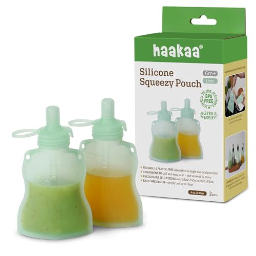 haakaa Silicone Yummy Pouch 4.5 oz – Reusable Silicone Snack & Smoothie Pouch, Refillable, Leak-Resistant, Dishwasher Safe, Eco-Friendly Food Storage for Kids & Toddlers (2-PK, Lime)