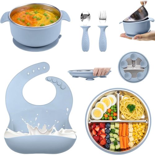 5-in-1 Stainless Steel Baby Feeding Set with Suction Plate & Spoon - Blue