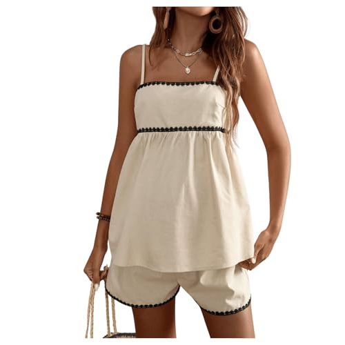 MakeMeChic Women's Maternity 2 Piece Outfits Striped Lace Trim Shirred Cami and Shorts Pregnancy Set