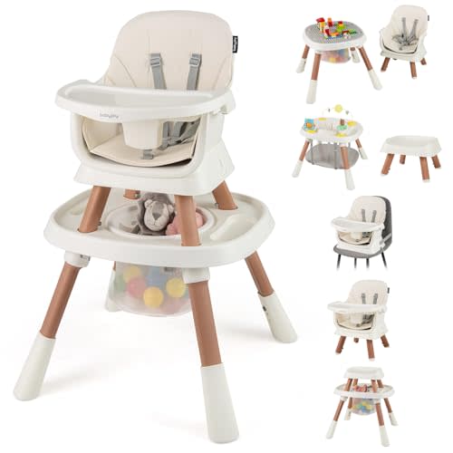 HONEY JOY 16-in-1 Baby High Chair, Convertible Highchair for Babies and Toddlers/Booster Seat/Activity Center with Toys, Building Block Table & Stool, Safety Harness, Removable Cushion & Tray (White)