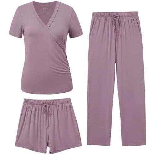 PATPAT 3-Piece Maternity Nursing Pajamas, Pregnancy to Postpartum Breastfeeding Pjs with Pockets, Soft Sleepwear, S-XXL