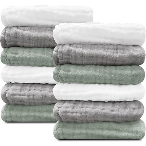 Sunny zzzZZ Baby Muslin Washcloths -100% Cotton Muslin Soft Baby Bath Wash Cloths and Absorbent Burp Cloths for Newborns Kids Girls and Boys -12 Pack, 12x12 Inches - White+Green+Grey
