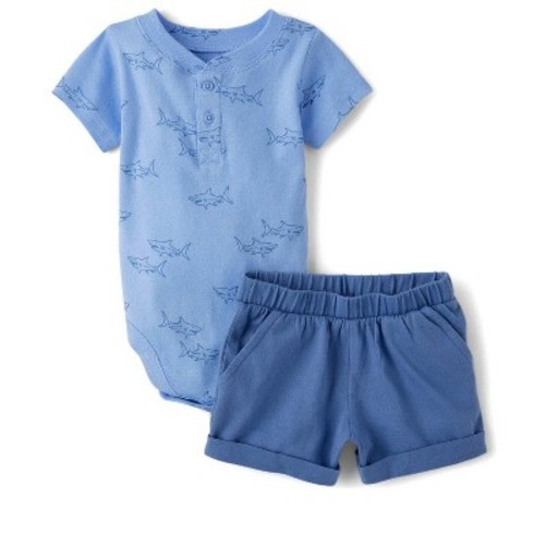 The Children's Place Baby Boys Short Sleeve Shark 2-Piece Playwear Set Blue 3-6 M