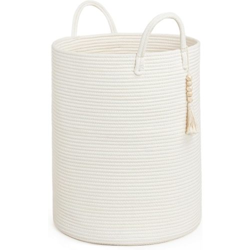 Goodpick Large Laundry Hamper with Handles,Cute Baby Laundry Basket, Tall Laundry Hamper for Clothes, Towels,Woven Rope Toy Storage Basket,Decorative Blanket Basket White, 16 x 20 inches