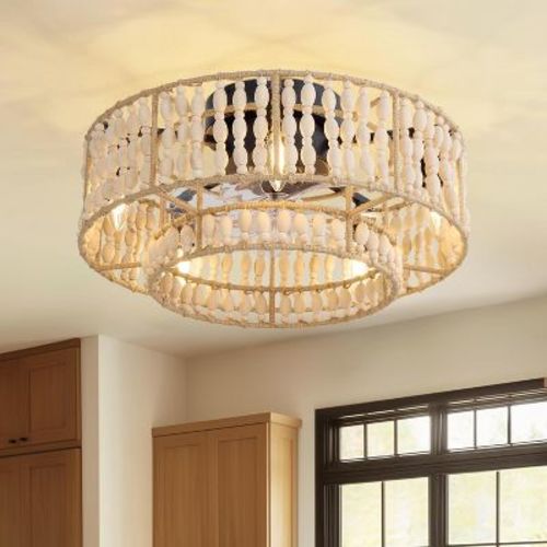 Siljoy Boho Caged Ceiling Fans with Lights, 20 Inch Wood Beaded Flush Mount Ceiling Fan with Remote, Indoor Layered Rattan Ceiling Fan for Bedroom