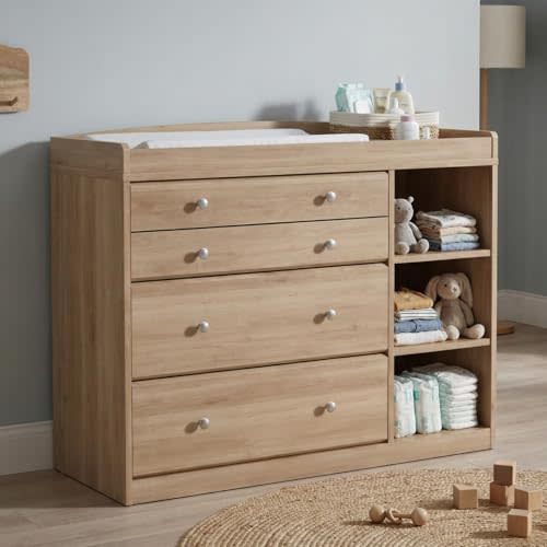 Baby Dresser with Changing Table Top, 47.2" Natural Wood Changing Table Dresser for Nursery, 4 Drawers & Adjustable Open Shelves, 2-in-1 Nursery Storage Organizer with Removable Topper