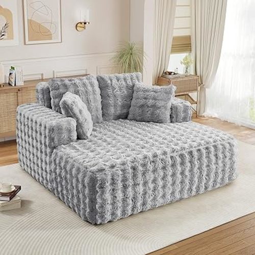 Oversized Chaise Lounge Indoor, Modern Comfy Bubble Faux Fur Fabric Deep Seat Boneless Sleeper Chaise Lounge Sofa Chair with Pillows for Living Room Bedroom Studio, No Assembly Couch, Light Grey