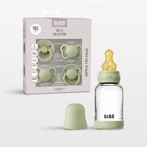 BIBS Sage Try It Collection Baby Pacifiers and 4-Oz. Glass Bottle Set