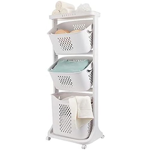 Laundry Basket, 3 Tiers Storage Basket Plastic Clothes Hamper Movable Clothes Hamper Bathroom Hampers With Wheels,Portable Freestanding Dirty For Laundry Room Organization