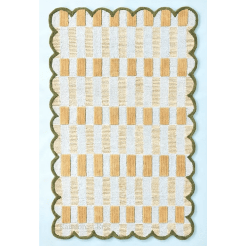 Handmade Wool Area Rug with Scalloped Edges, Modern Geometric Checkered Pattern, Soft Thick Carpet for Living Room Bedroom Kids Room, 8x10 ft, Gold