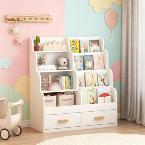 Front-Facing Toddler Bookshelf With 2 Storage Drawers, White | Wayfair