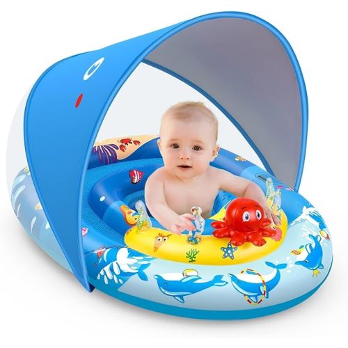 EZIGO Baby Pool Float with Canopy UPF50+ Sun Protection, Inflatable Kids Pool Floats with Ocean Animal Toys for Baby 6-36 Months, Infant Swimming Float with Adjustable Safety Seat for Boys Girls