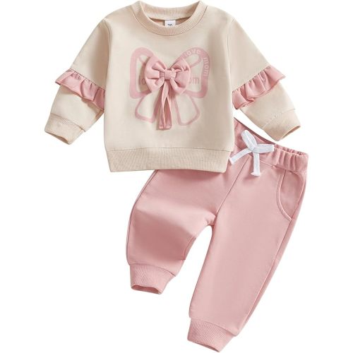 Mubineo Toddler Baby Girl Clothes Bowknot Sweatshirt Outfits Fall Winter Long Sleeve Tops Pant Outfit Sweatsuit Set