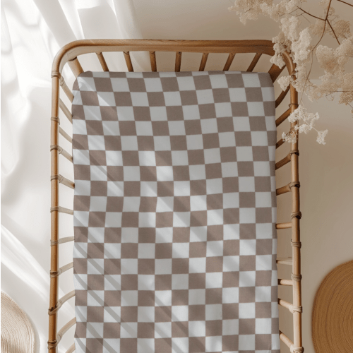 Beige Checkerboard Fitted Crib Sheet