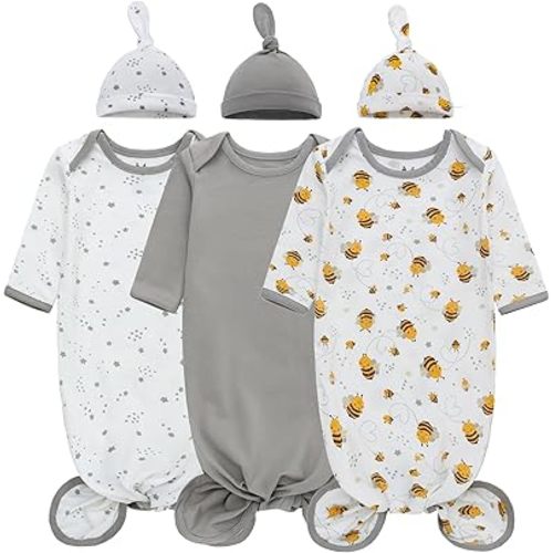 LAT Newborn Knotted Gown for Boy Girls,Baby Tie Gown Nightgown,Baby Sleeper with Matching Hat Set 3 Pack,Sleepwear Romper Sleeping Bags Outfits Home(Gray+Bee+Stars,0-3months)