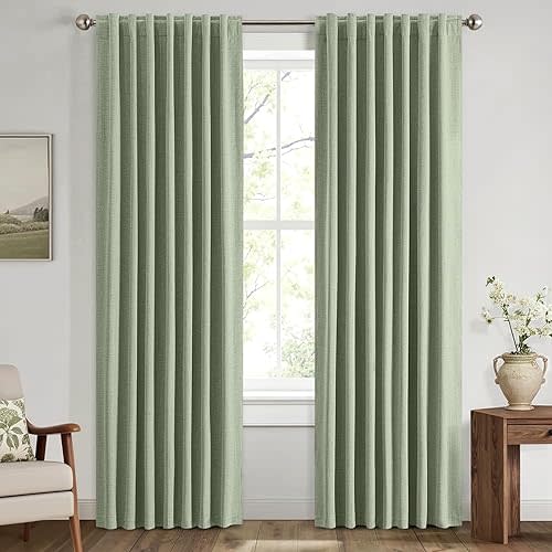 MIULEE 100% Blackout Linen Curtains for Bedroom, Sage Green Solid Luxury Decor Thermal Insulation Room Darkening Drapes for Living Room Nursery Back Tab Rod Pocket 42 x 84 Inches, 2 Panels