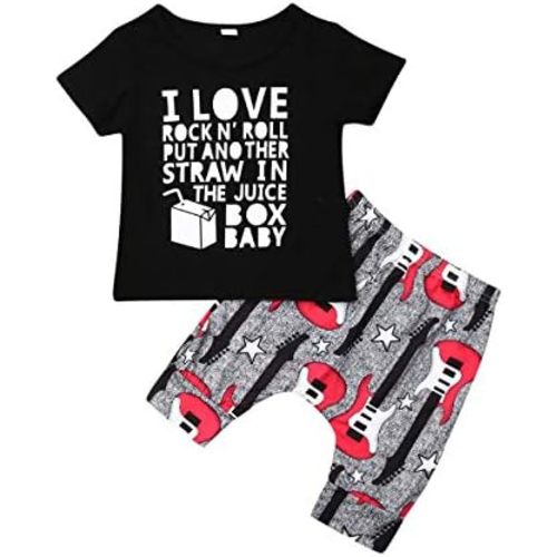 Baby Boy Clothes I Love Rock N' Roll Letter Print Short Sleeve Shirt Top+Guitar Pants 2PC Summer Outfit Set