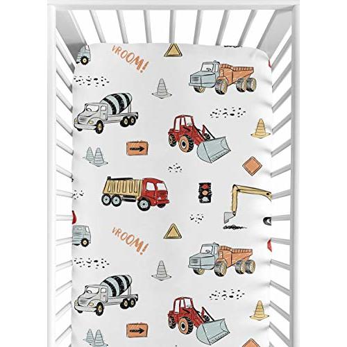 Sweet Jojo Designs Construction Truck Boy Fitted Crib Sheet Baby or Toddler Bed Nursery - Grey Yellow Orange Red and Blue Transportation