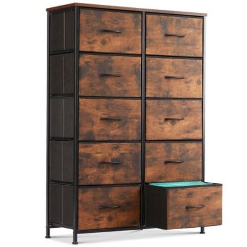 JIONJOY 10-Drawer Vertical Dresser - 31.4" Wide Rustic Fabric Storage Chest for Bedroom/Nursery, Steel Frame | Rust