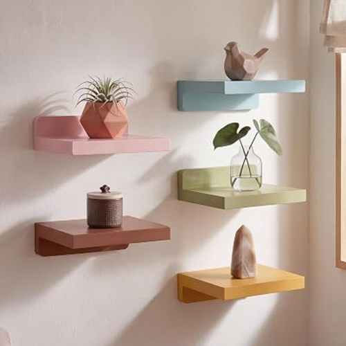 Novabright Small Floating Shelves Set of 5, 5 Inch Wood Wall Shelf for Plants Crystals Candles, Mini Wall Mounted Shelves for Bedroom Bathroom Living Room, Boho Decor(Hippie Boho)