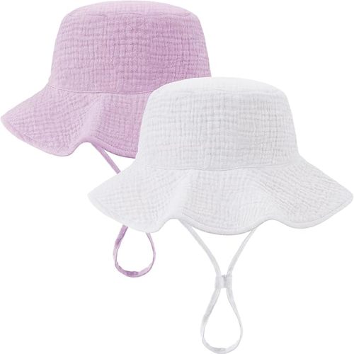 2 Pack Muslin Baby Sun Hat Sun Protection Baby Bucket Hat with Wide Brim Beach Hats for Boys Girls