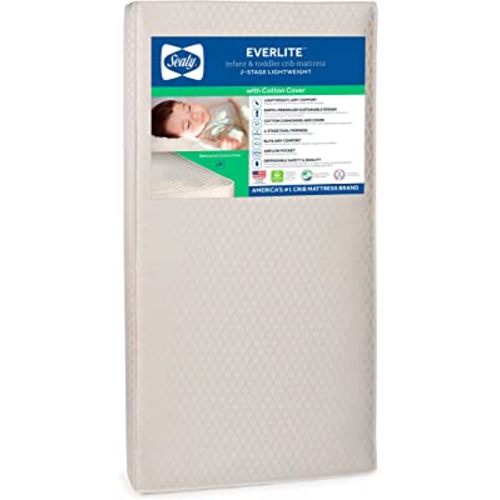 Sealy Baby EverLite Airy Breathable 2 Stage Waterproof Crib Mattress plus Toddler Bed Fit, Firm Foam, Natural Cotton Cover, GREENGUARD Gold Certified, Safety & Quality Tested, Made in USA, 52"X28"
