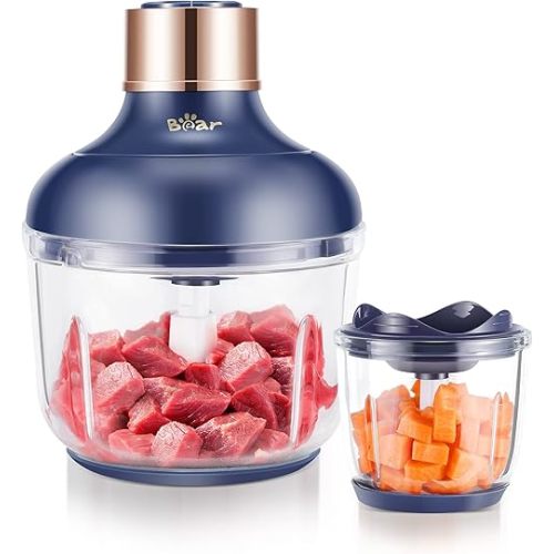 Bear Food Processor, Electric Food Chopper with 2 Glass Bowls (8 Cup+2.5 Cup), 400W Power Grinder with 2 Sets Stainless Steel Blades, 2 Speed for Meat, Vegetables, and Baby Food