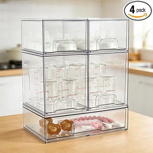 MINMUNJIU Baby Bottle Organizer, 5 Pack Clear Space-Saving Stackable Drawer with Handle, Baby Bottle Storage Organizer for Countertop and Cabinet
