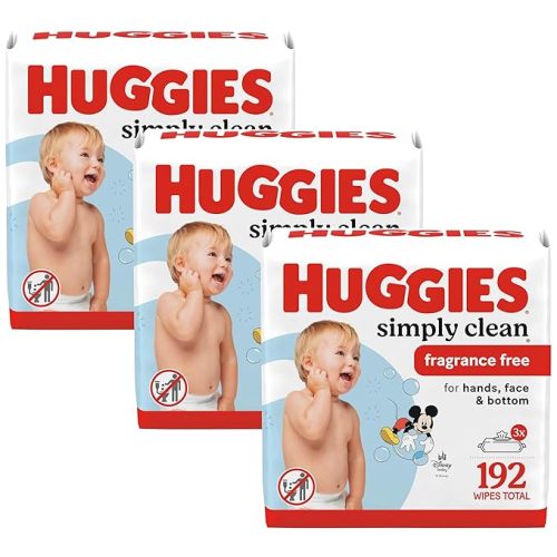 Huggies Simply Clean Unscented Baby Diaper Wipes, 3 Flip-Top Packs (192 Wipes Total), Packaging May Vary