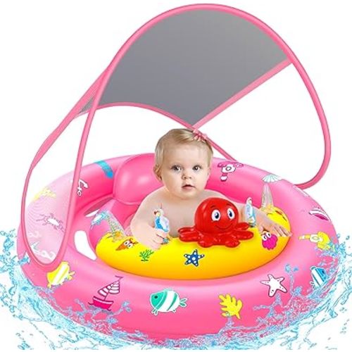 Baby Pool Float with Canopy, Inflatable Baby Swim Float with UPF50+ Sun Protection, Toddler Infant Pool Float with Toy Play Console Adjustable Safety Seat for Kids Girls Boys Aged 6-36 Months
