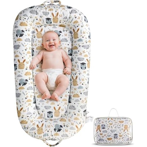 Baby Lounger, Portable Baby Lounger for Newborn 0–24 Months, Infant Nest for Travel, Floor Time, and Crib Use, Baby Essentials for Home (Hoot)